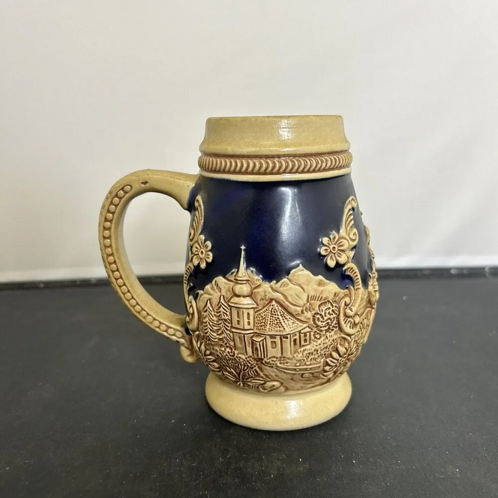 Vintage West Germany Beer Stein Mug Gerz No Lid Stoneware Blue & Tan FS Charity